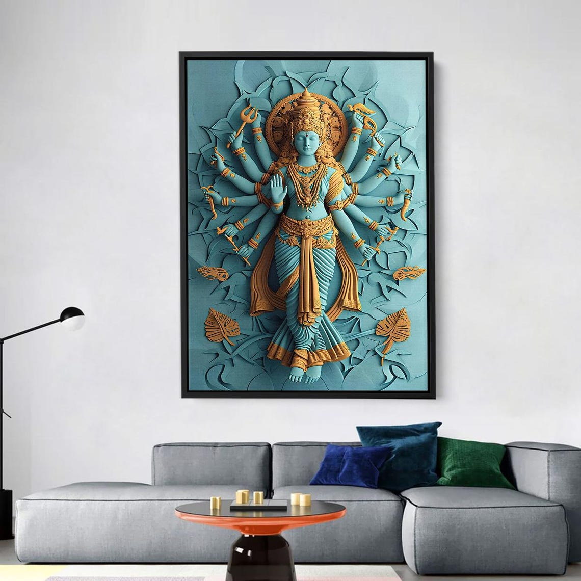 Hindu Goddess Durga Multi-Armed Turquoise and Gold Divine Art Poster