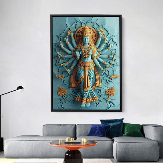 Hindu Goddess Durga Multi-Armed Turquoise and Gold Divine Art Poster