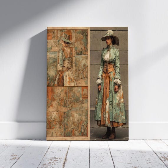 Vintage Renaissance Lady Wall Art Victorian Era Style Canvas Print With Historical Comic Story Panels Elegant Classical Home Decor