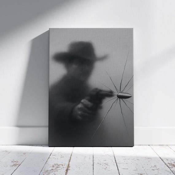 Western Noir Bullet Art Print Dramatic Cowboy With Gun Poster Breaking Glass Canvas Black And White Action Wall