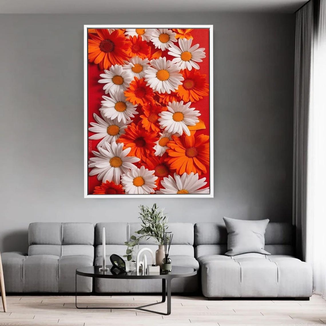 White Orange Daisies Red Background Vibrant Floral Art Poster