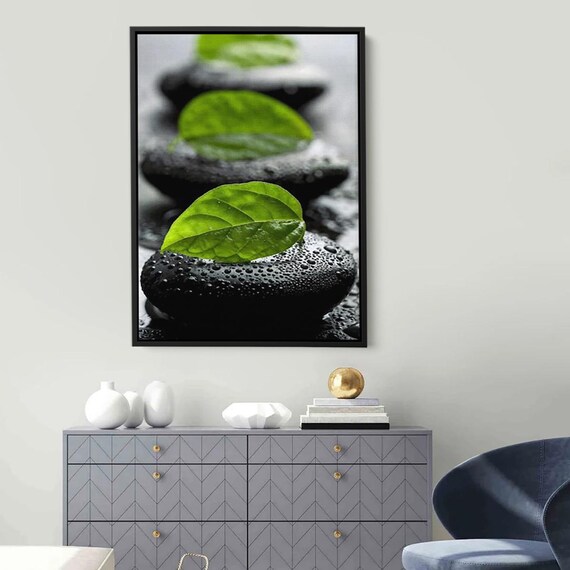 Zen Green Leaves On Black Stones Wall Art Spa Decor Canvas Minimalist Poster Nature Serenity Print Meditation Room