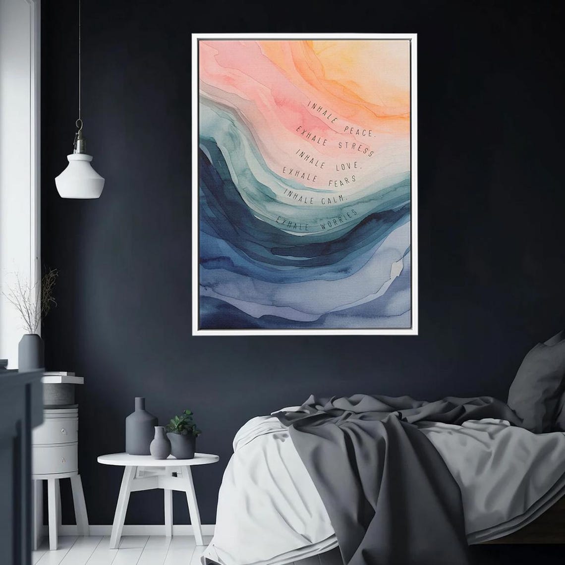 Inhale Peace Exhale Stress Watercolor Ocean Waves Quote Wall Poster