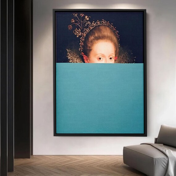 Regal Woman Portrait Peeking Over Teal Color Block Elegant Poster