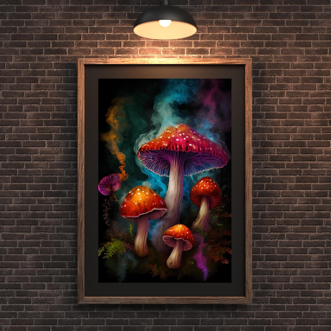 Whimsical Mushroom Forest Fantasy Art Print with Glowing Smoke