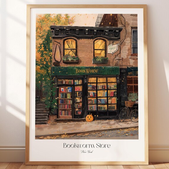 Cozy Fall Bookstore Bookworm Shop New York Autumn Vintage Poster