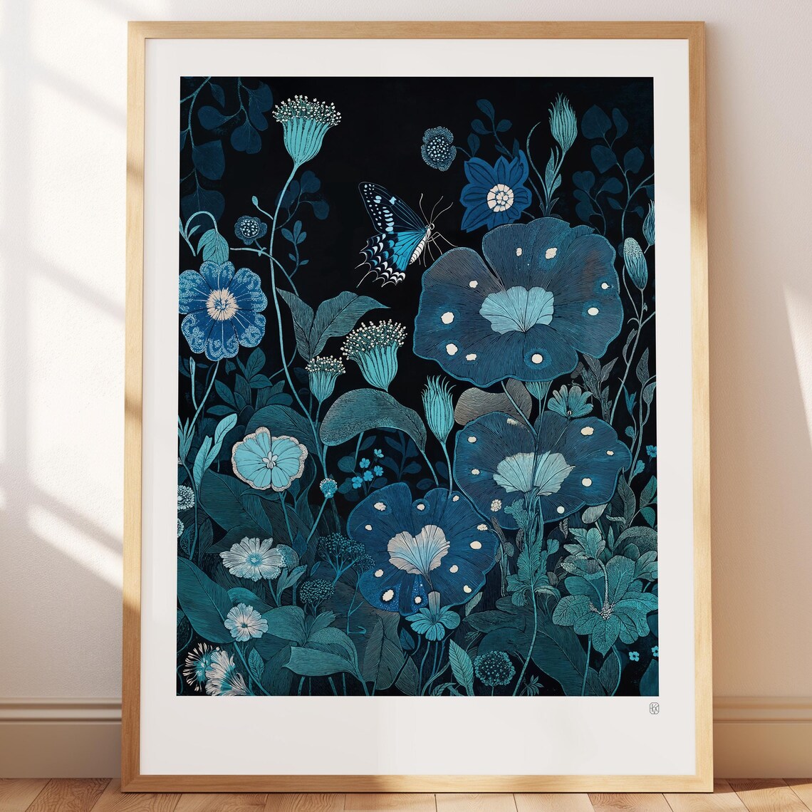 Deep Blue Night Botanical Floral Butterfly Garden Vintage Wall Art
