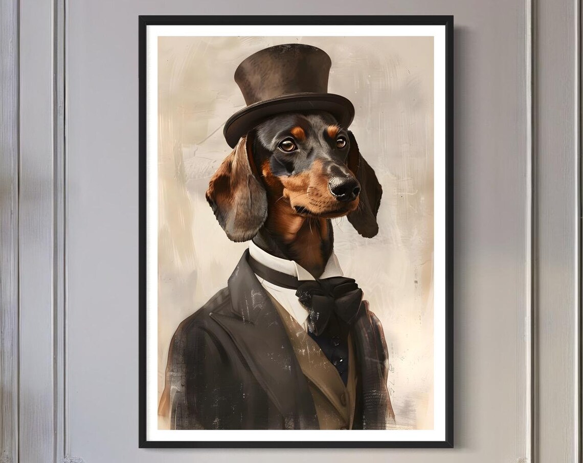Dachshund In Top Hat Retro Pet Portrait Art Print