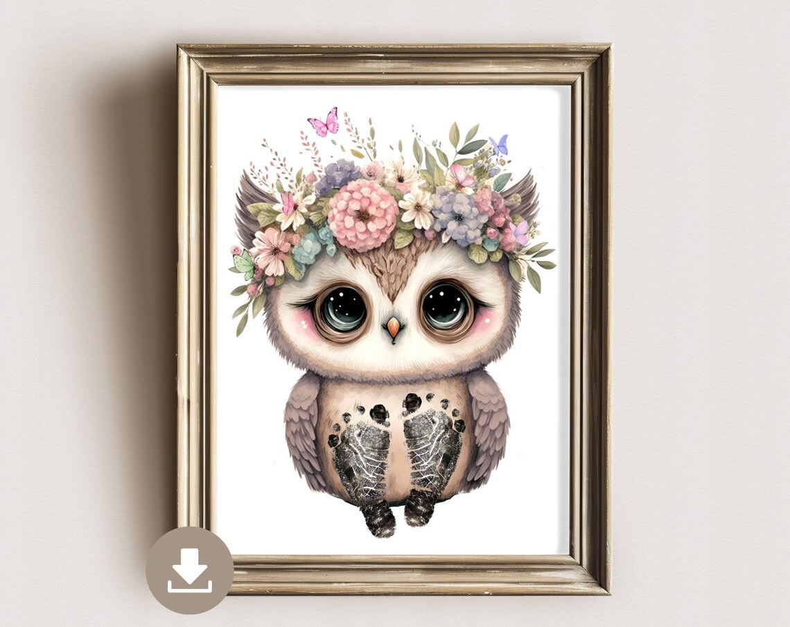 Owl With Flower Crown And Butterflies Footprint Keepsake Poster