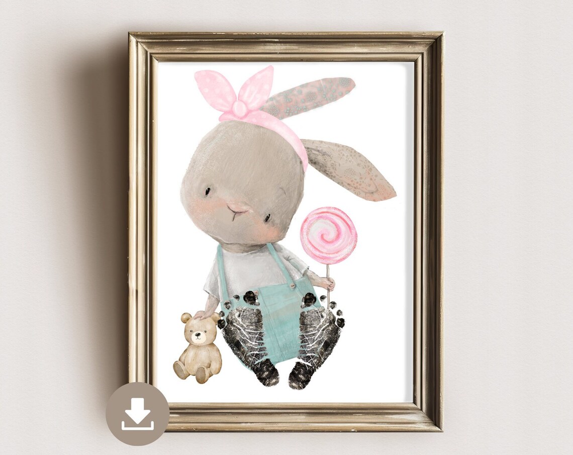 Bunny Girl With Pink Bow Lollipop Teddy Footprint Nursery Poster