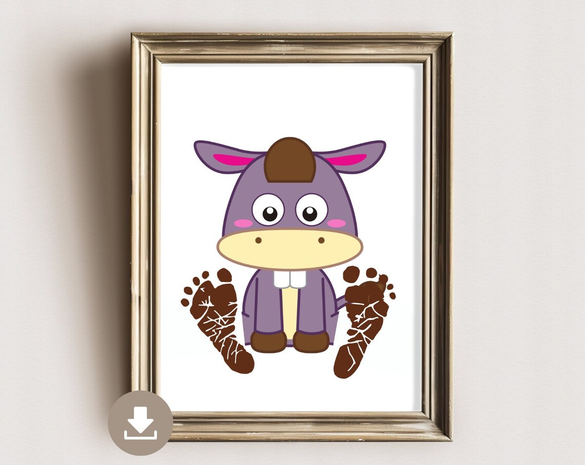 Cute Purple Donkey Baby Footprint Nursery Keepsake Art Poster