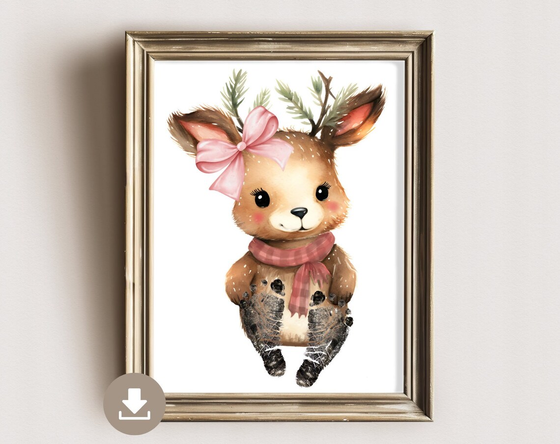 Deer Girl With Pink Bow Scarf Baby Footprint Keepsake Poster
