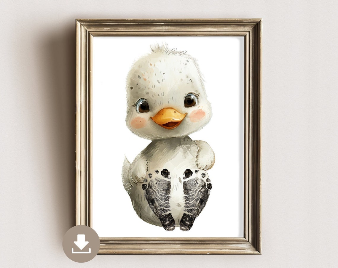 Fluffy White Duckling Baby Footprint Nursery Keepsake Poster