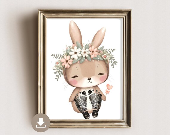 Smiling Bunny With Flower Crown Heart Balloon Footprint Poster