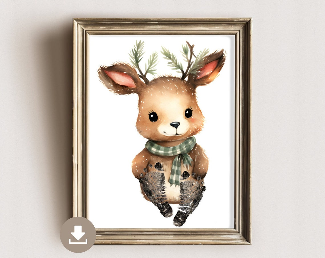 Cute Winter Deer With Green Scarf Baby Footprint Keepsake Poster