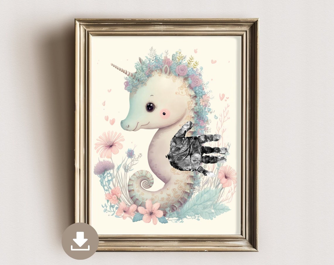 Unicorn Seahorse With Flower Crown Handprint Keepsake Poster