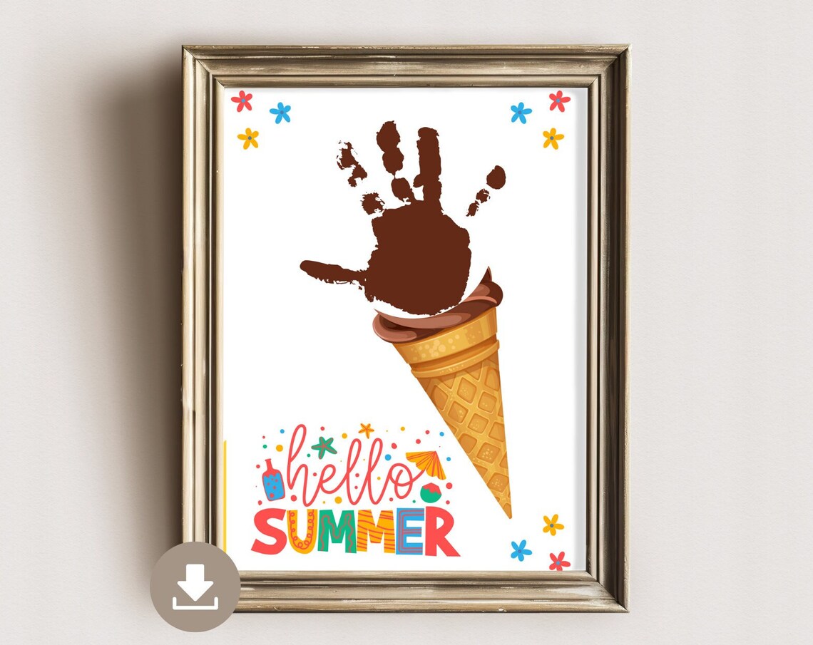 Hello Summer Handprint Ice Cream Cone Colorful Kids Decor Art Poster