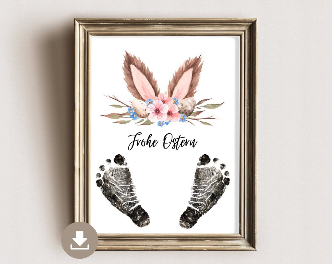 Happy Easter Bunny Ears Floral Footprint Baby Keepsake Poster