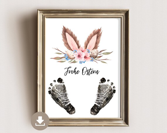 Happy Easter Bunny Ears Floral Footprint Baby Keepsake Poster