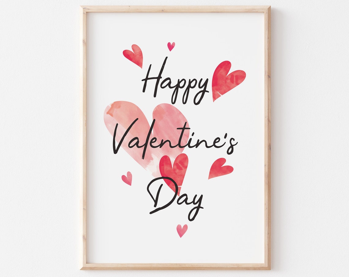 Happy Valentine's Day Red Watercolor Hearts Calligraphy Wall Art