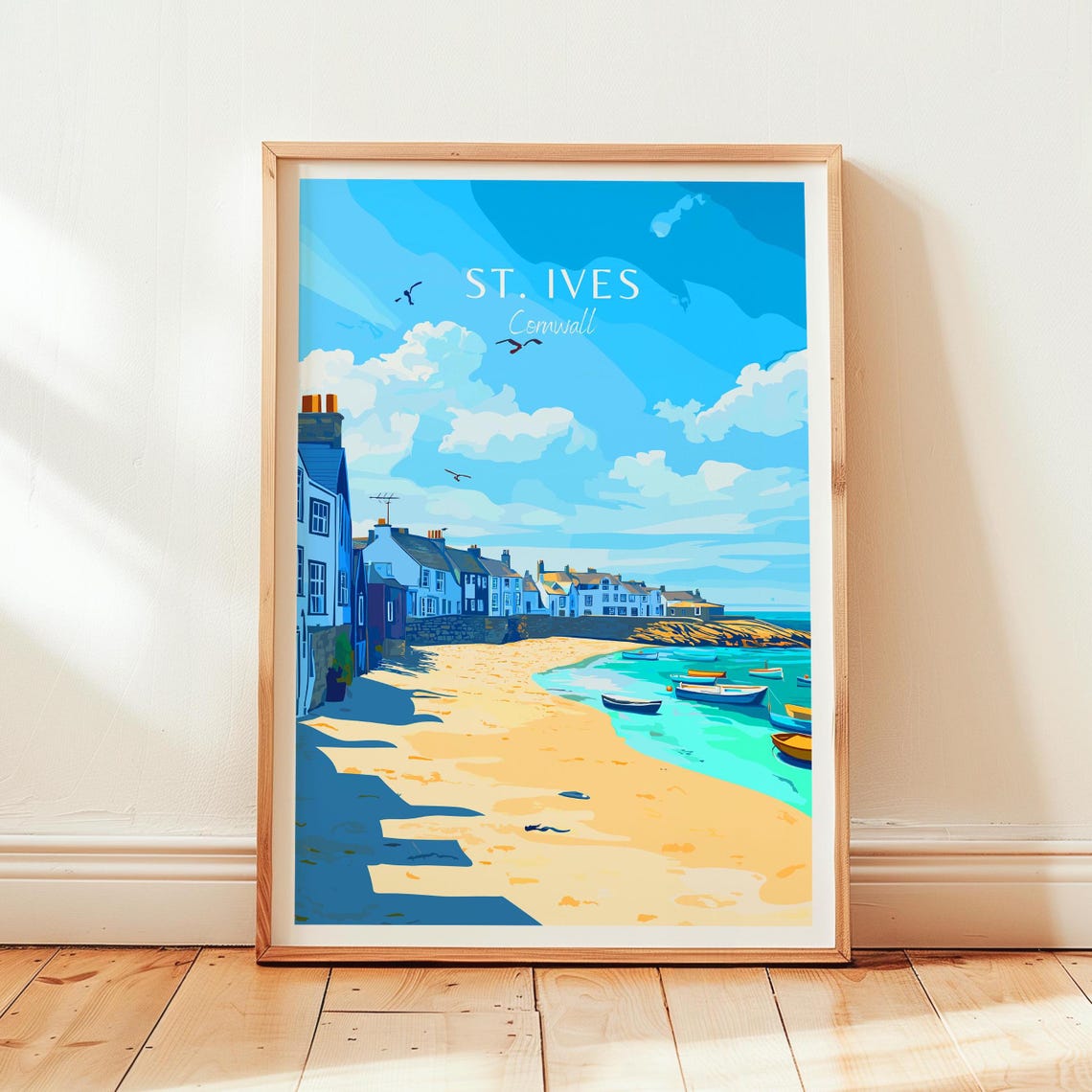St Ives Cornwall Golden Beach Whitewashed Cottages Travel Poster