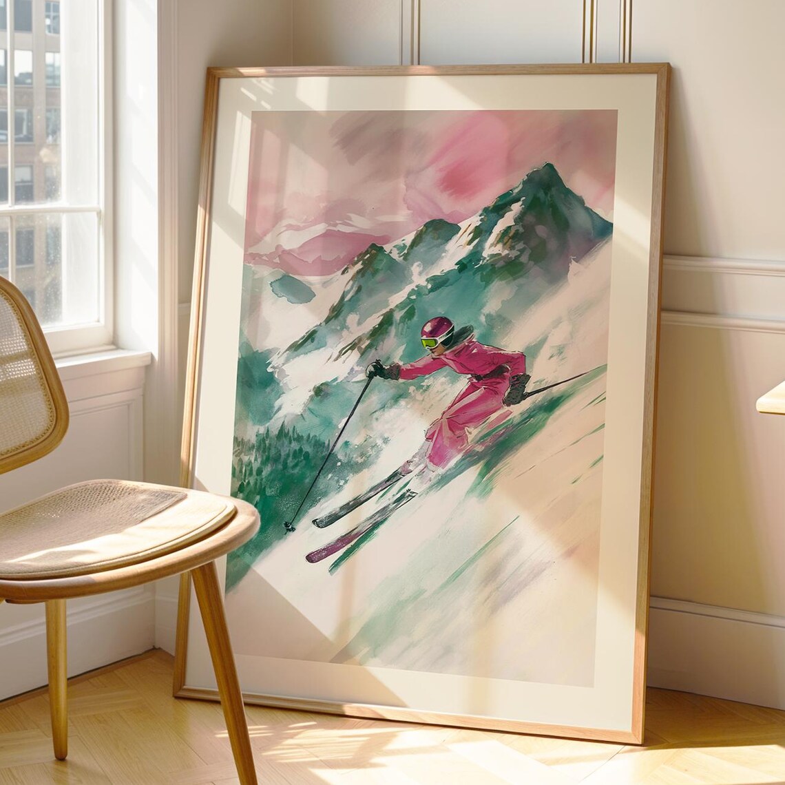 Retro Pink Skier - Vintage Ski Cabin Art