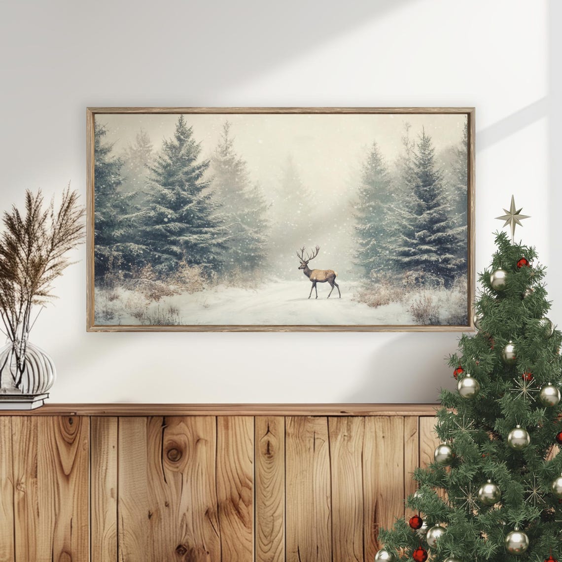 Stag in Snowy Misty Evergreen Forest Falling Snow Wildlife Poster - Image 5