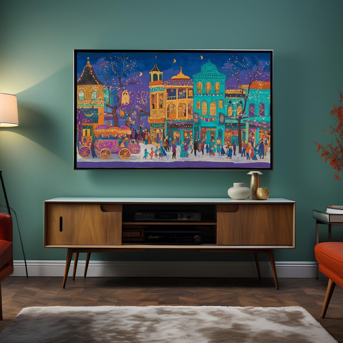Teal and Gold Night Town Festival Carriage Frame TV Art Poster - Image 4