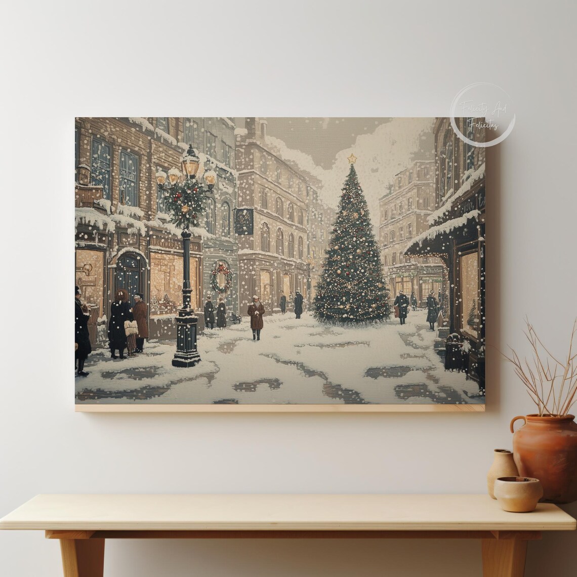 Vintage Snowy Christmas Street Tall Tree Old Town Scene Poster - Image 6
