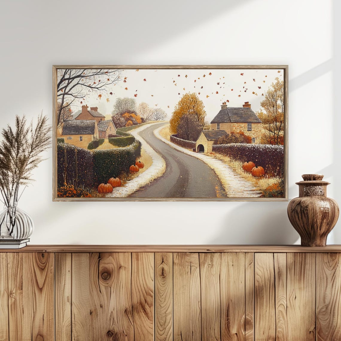 Autumn Country Road with Cottages Pumpkins and Falling Leaves Poster - Image 5