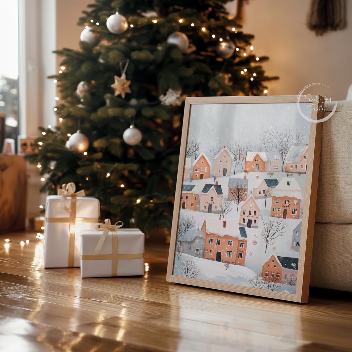 Snowy Hillside Village Peach Houses Pastel Winter Scene Poster - Image 4