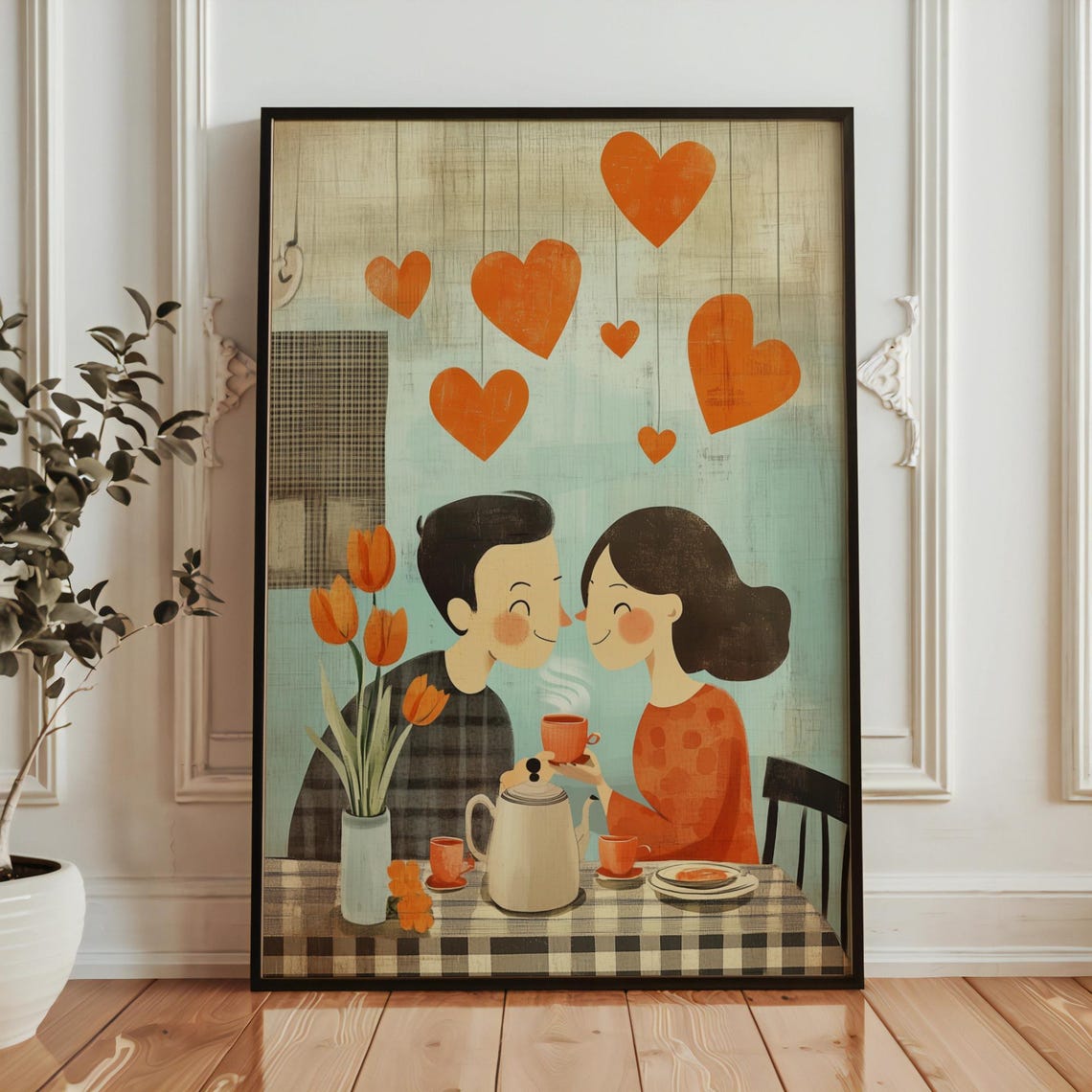 Retro Valentines Day Couple Tea Hearts Tulips Love Sweet Wall Art - Image 6