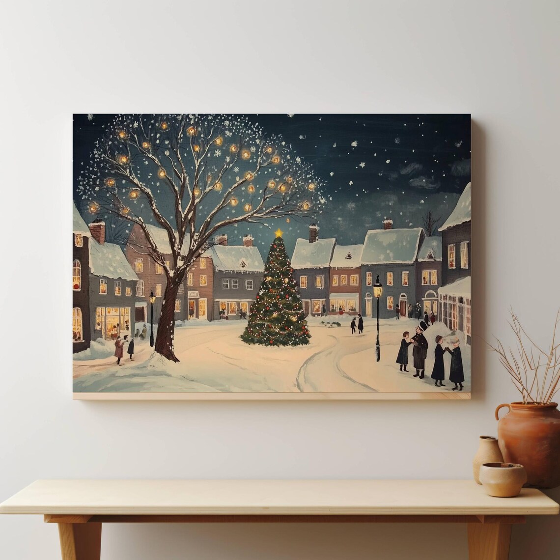 Christmas Eve Village Night Tree Carolers Lamppost Snow Poster - Image 4