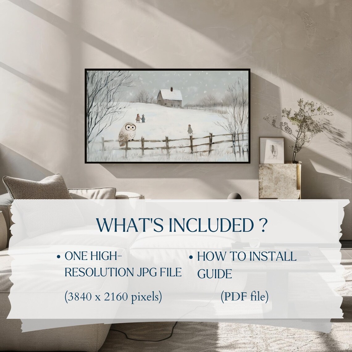 Snowy Owl On Fence Winter Landscape Children Barn Scene Poster - Image 2