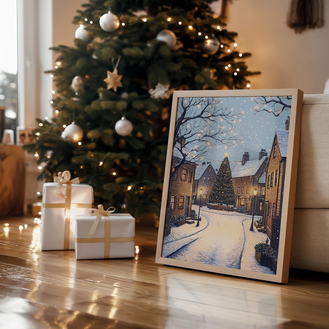 Snowy Christmas Village Street Night Tree Lamps Cozy Town Poster - Image 6