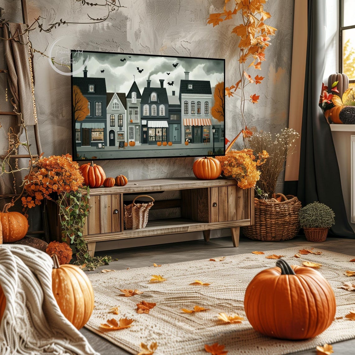 Spooky Halloween Village Street with Bats and Pumpkins Dusk Poster - Image 3