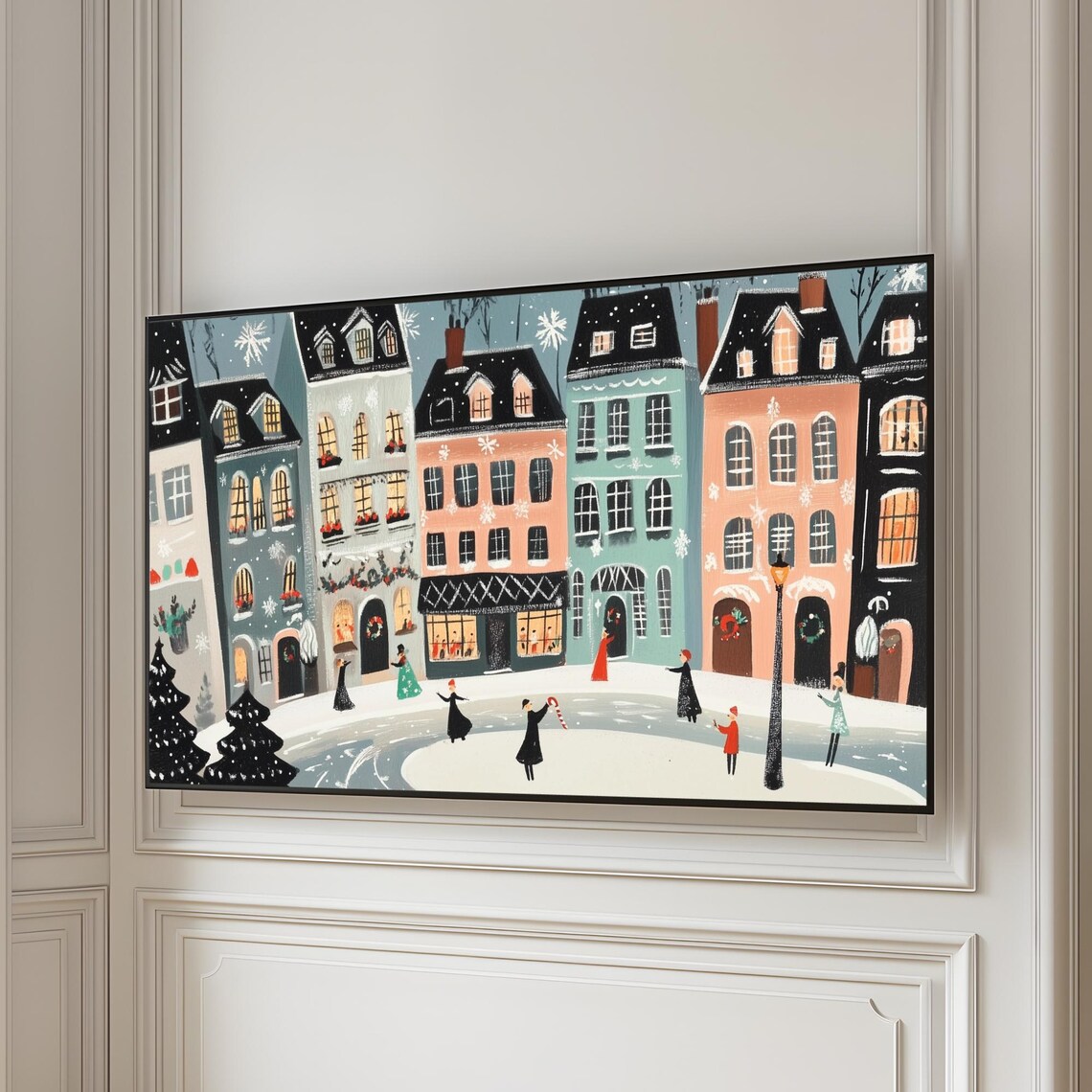Whimsical Retro Winter Town Colorful Houses Holiday Wall Art - Image 5