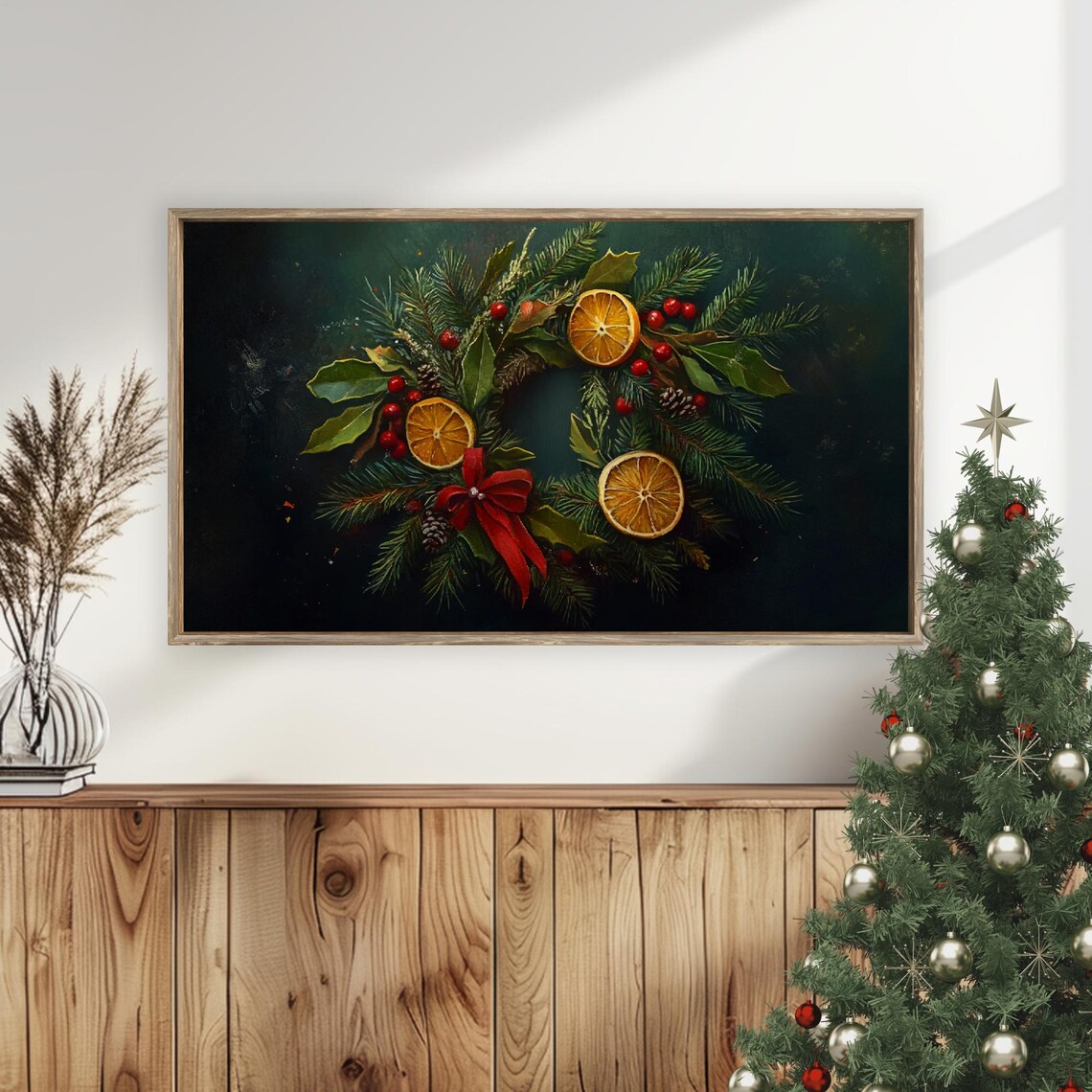Christmas Wreath With Orange Slices Berries Pine Dark Art Poster - Image 5