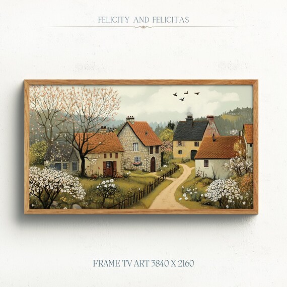 Rural Spring Village Stone Cottages Blossoming Trees Frame TV Art Poster