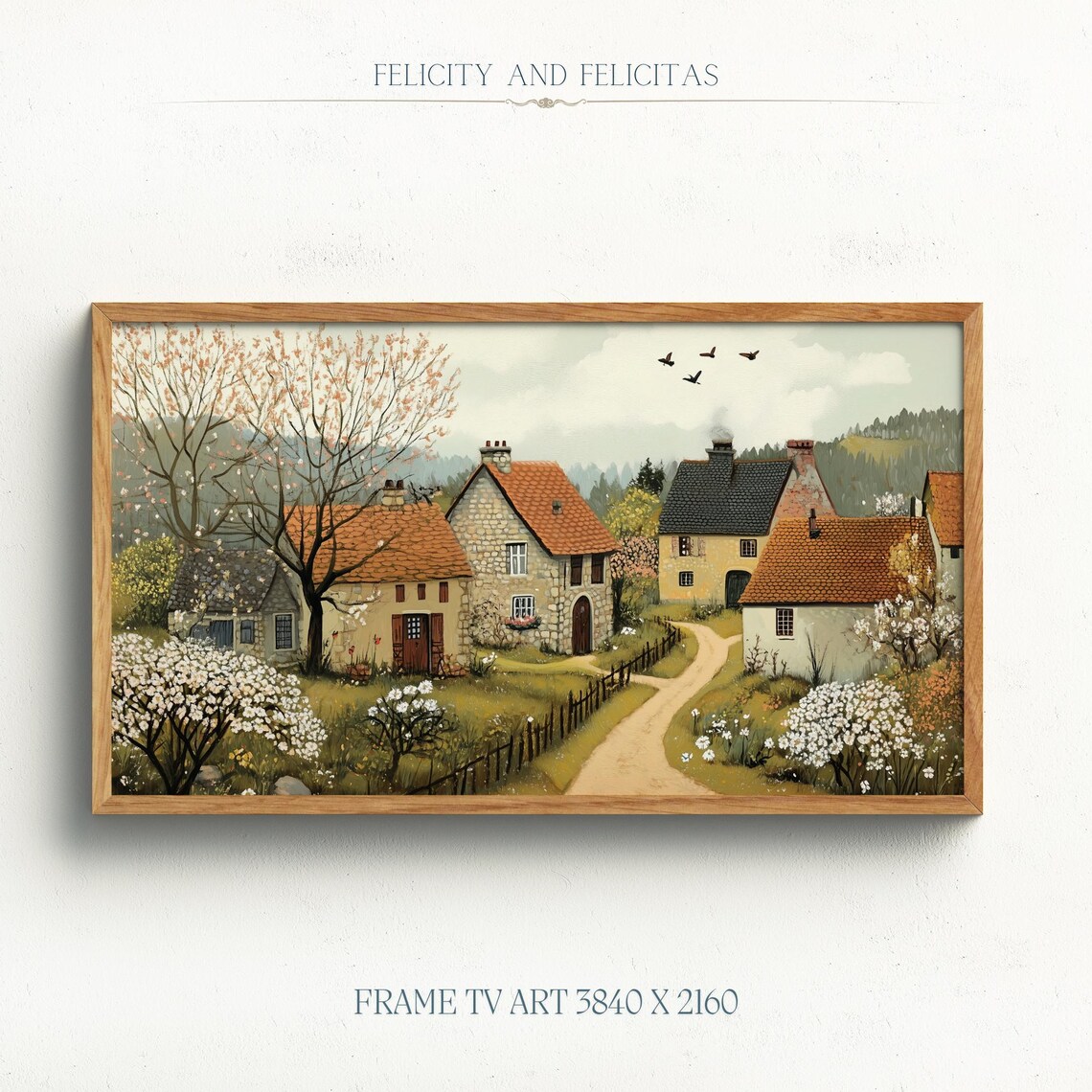 Rural Spring Village Stone Cottages Blossoming Trees Frame TV Art Poster