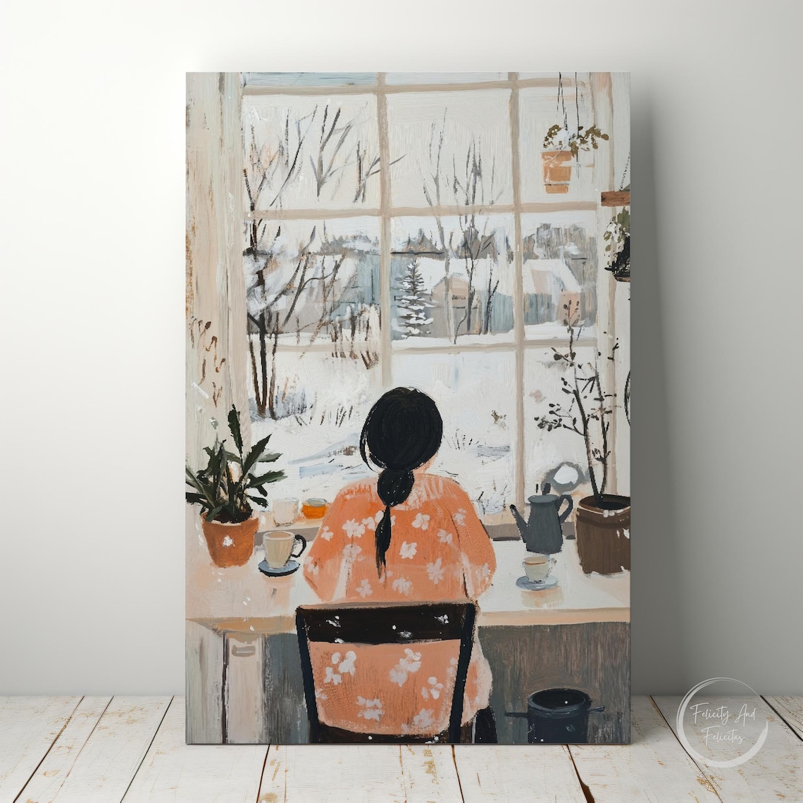 Cozy Woman Tea Window Overlooking Winter Snow Scene Wall Art - Image 6