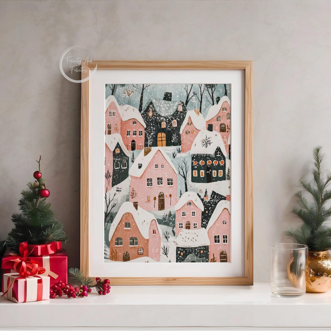Snow Covered Pink Village Rooftops in Falling Snow Art Poster - Image 5