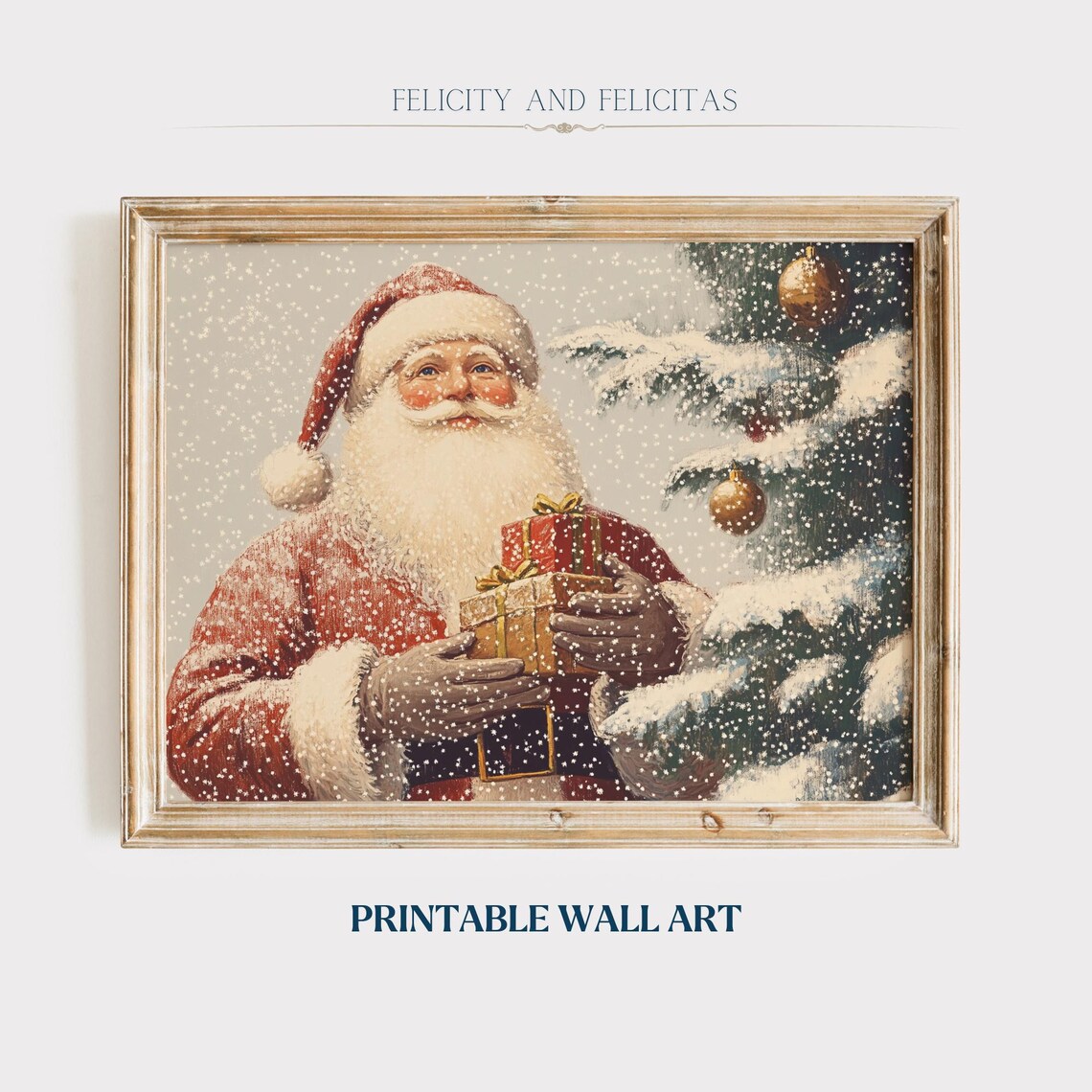 Vintage Santa Claus Holding Gifts by Snowy Christmas Tree Poster