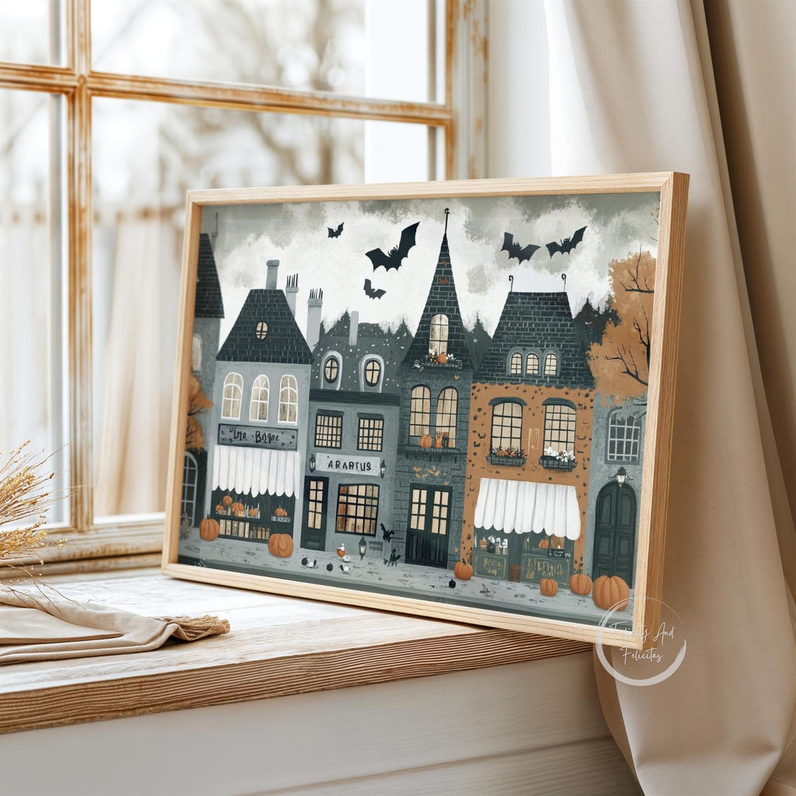 Haunted Halloween Shops Street Bats Pumpkins Whimsical Poster - Image 6