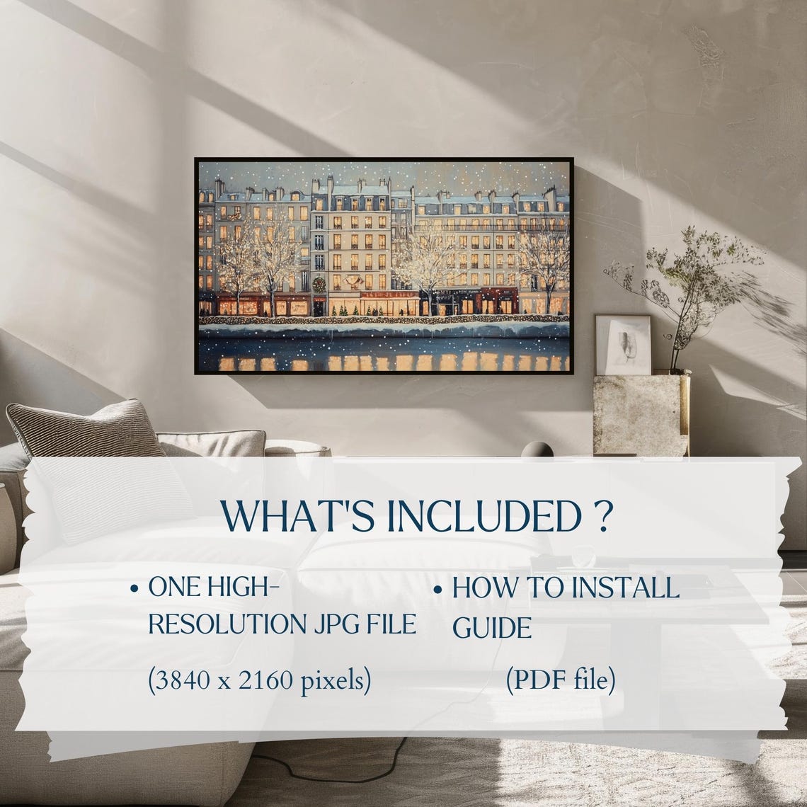 Snowy European City Evening River Reflection Lights Wall Art - Image 2