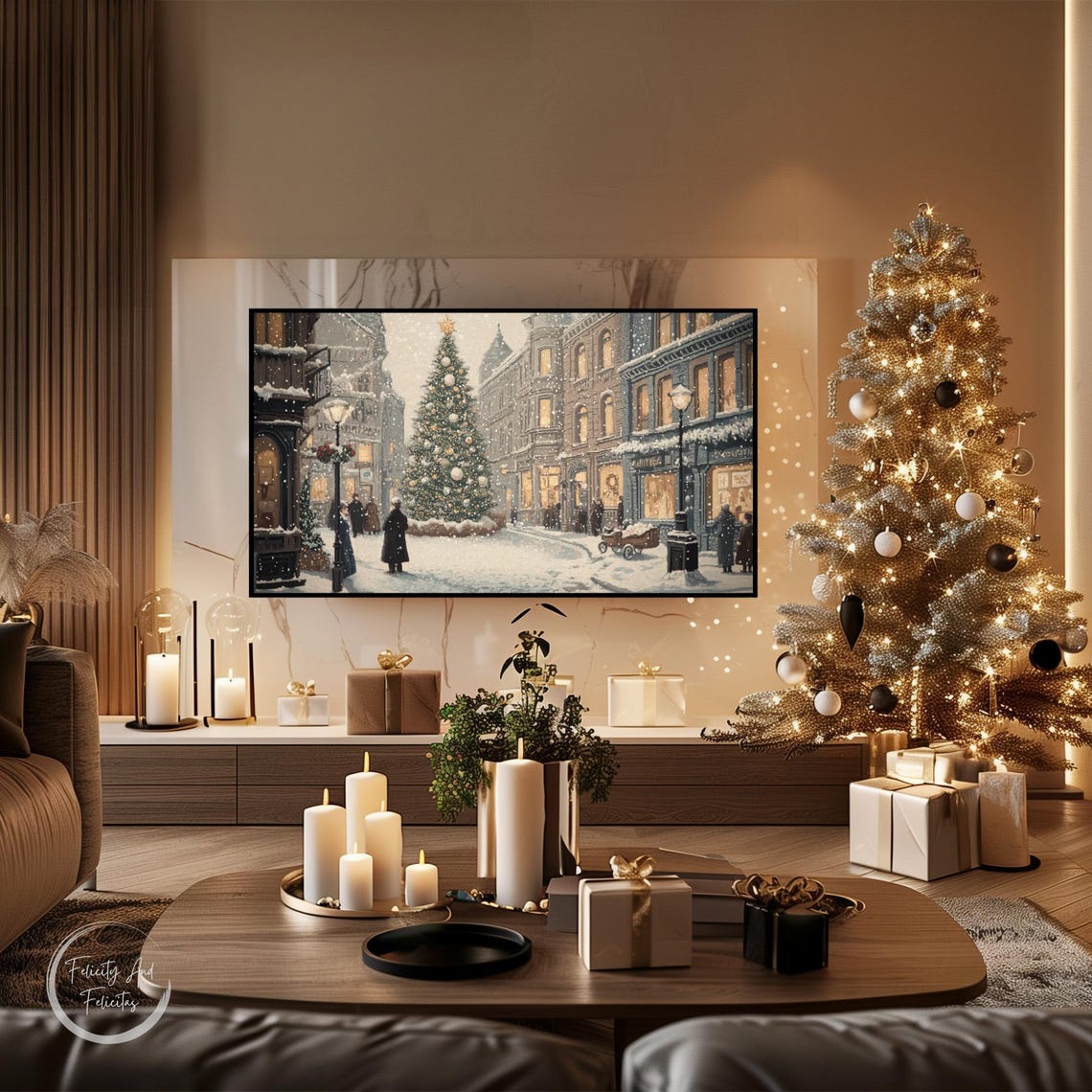 Vintage Christmas Town Square Tall Tree Old Brick Street Poster - Image 4