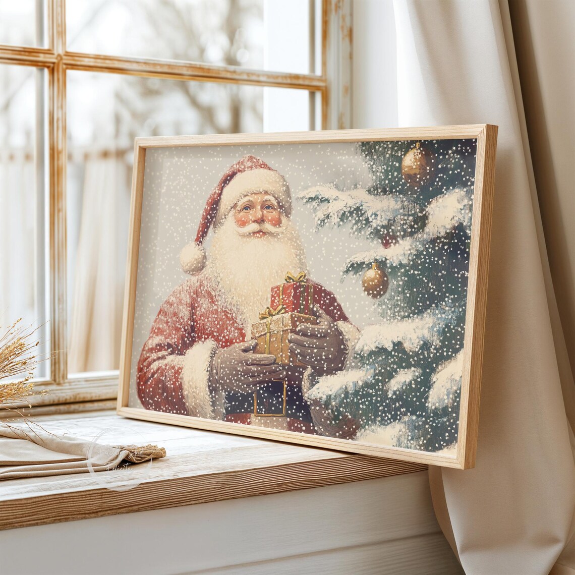 Vintage Santa Claus Holding Gifts by Snowy Christmas Tree Poster - Image 3