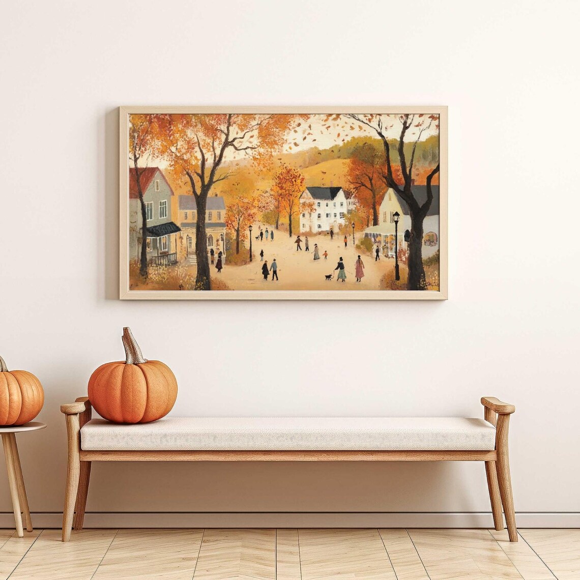 Golden Autumn Village Street Townspeople Fall Trees Scenic Poster - Image 4
