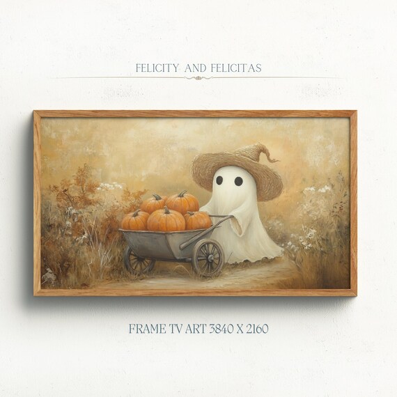 Cute Ghost Straw Witch Hat Pumpkin Wagon Autumn TV Art Poster