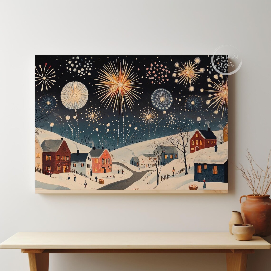 Fireworks Over Snowy Village At Night New Years Eve Scene Poster - Image 5